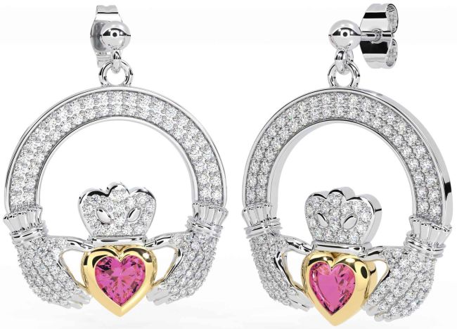 Diamond Pink Tourmaline Gold Silver Claddagh Dangle Earrings