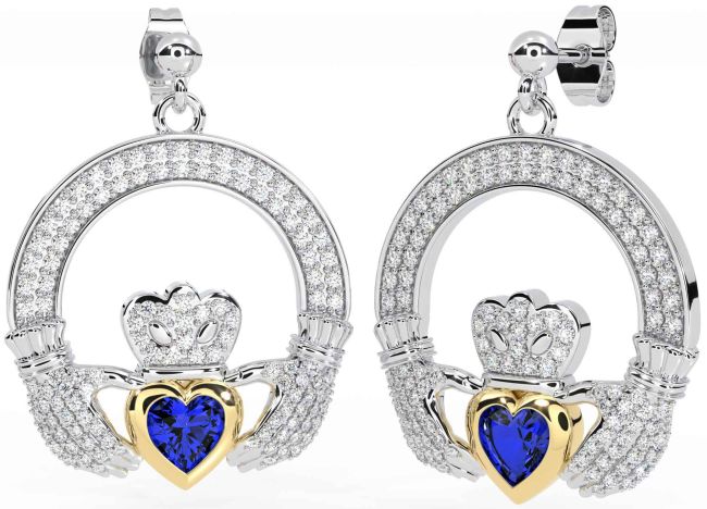 Diamond Sapphire Gold Silver Claddagh Dangle Earrings