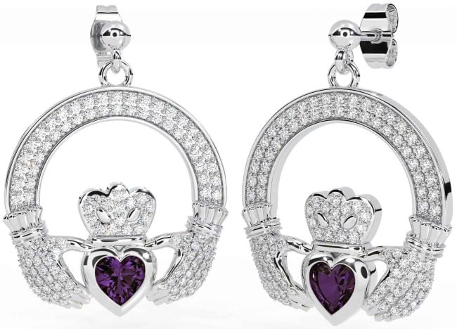 Diamond Alexandrite White Gold Claddagh Dangle Earrings