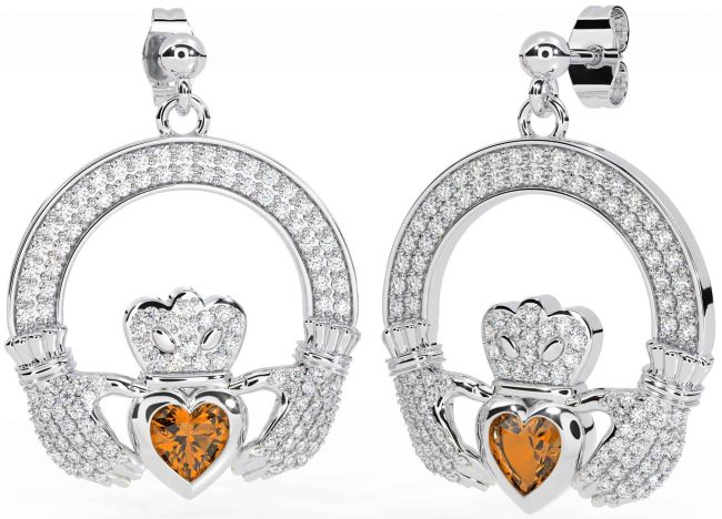 Diamond Citrine White Gold Claddagh Dangle Earrings