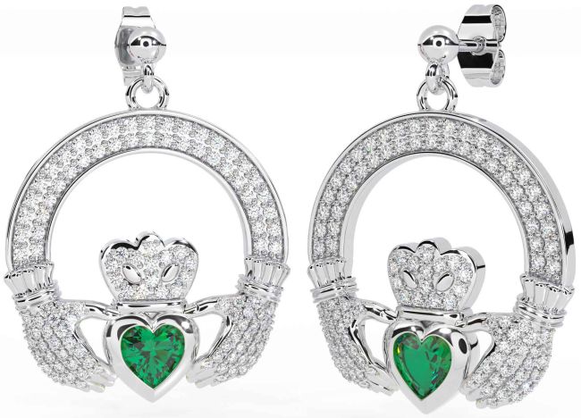 Diamond Emerald White Gold Claddagh Dangle Earrings