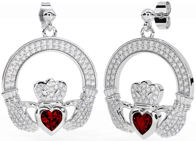 Diamond Garnet White Gold Claddagh Dangle Earrings