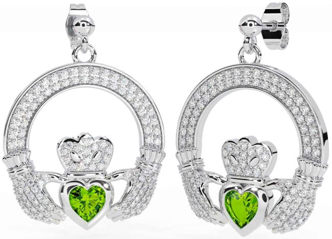 Diamond Peridot White Gold Claddagh Dangle Earrings