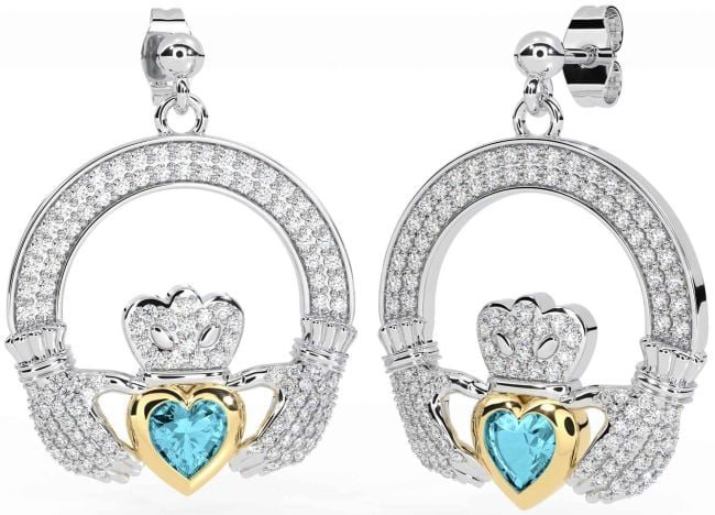 Diamond Aquamarine White Yellow Gold Claddagh Dangle Earrings