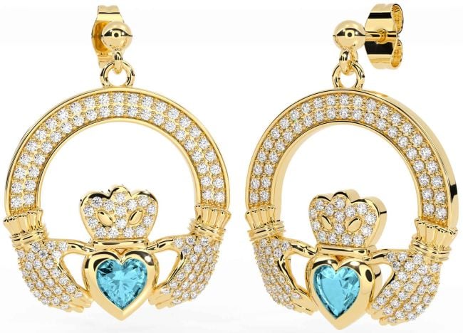 Diamond Aquamarine Gold Claddagh Dangle Earrings