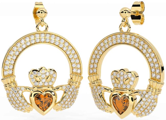 Diamond Citrine Gold Claddagh Dangle Earrings