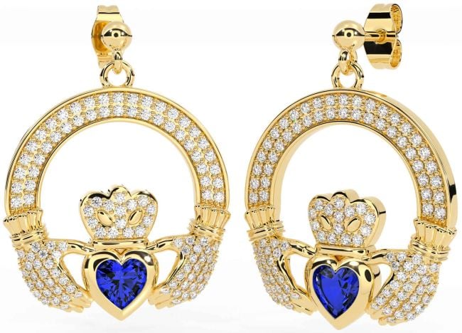 Diamond Sapphire Gold Claddagh Dangle Earrings