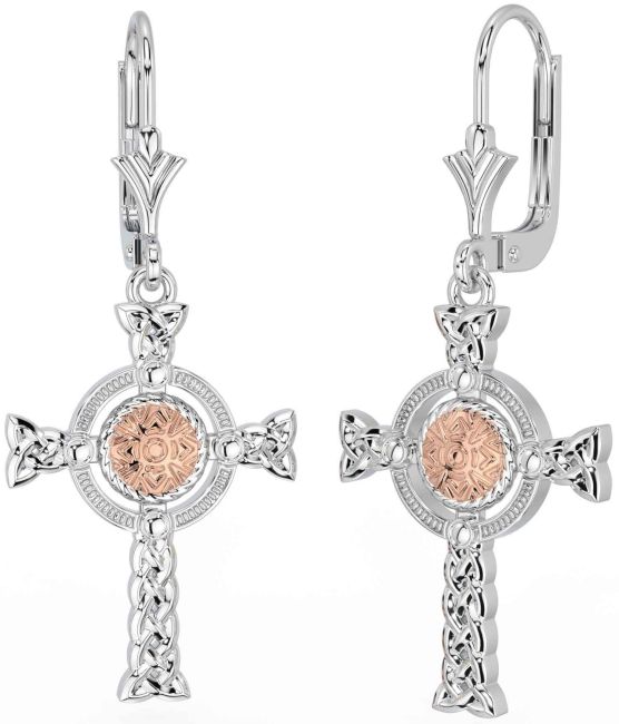 White Rose Gold Celtic Cross Warrior Trinity Knot Dangle Earrings