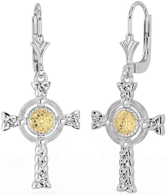 White Yellow Gold Celtic Cross Warrior Trinity Knot Dangle Earrings