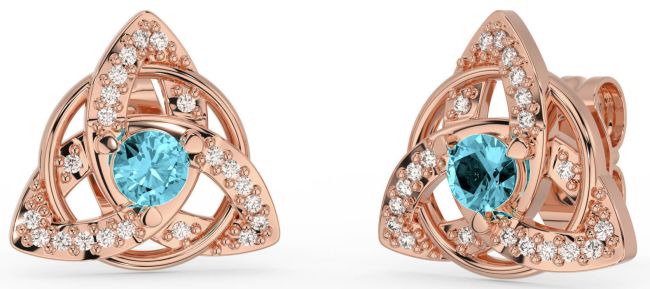Diamond Aquamarine Rose Gold Celtic Trinity Knot Stud Earrings