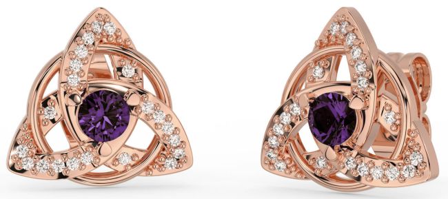 Diamond Alexandrite Rose Gold Celtic Trinity Knot Stud Earrings