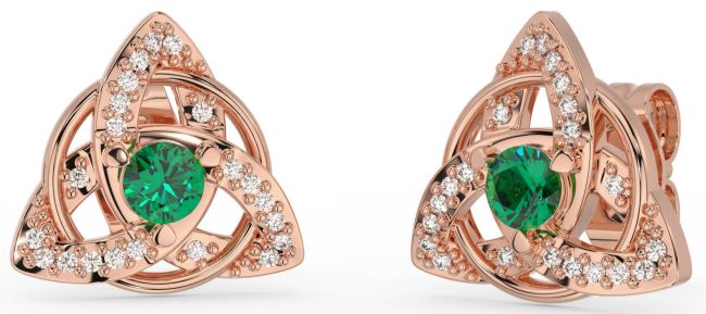 Diamond Emerald Rose Gold Celtic Trinity Knot Stud Earrings