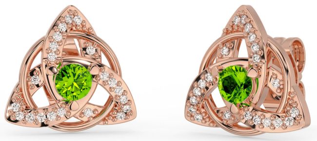 Diamond Peridot Rose Gold Celtic Trinity Knot Stud Earrings