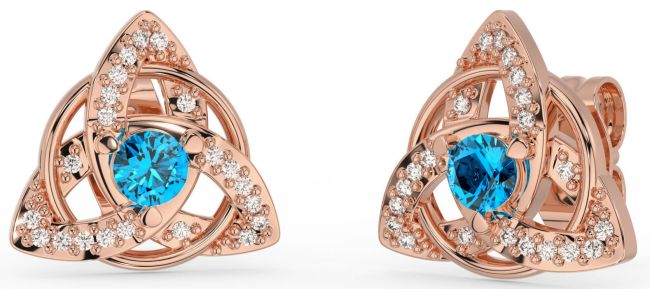 Diamond Topaz Rose Gold Celtic Trinity Knot Stud Earrings