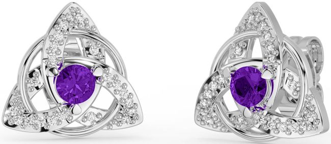 Diamond Amethyst Silver Celtic Trinity Knot Stud Earrings