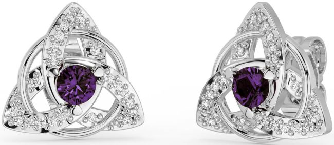 Diamond Alexandrite Silver Celtic Trinity Knot Stud Earrings
