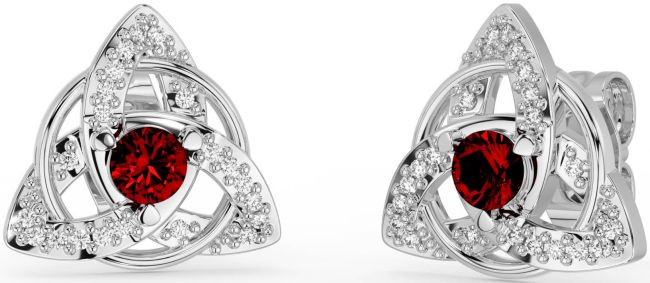 Diamond Garnet Silver Celtic Trinity Knot Stud Earrings