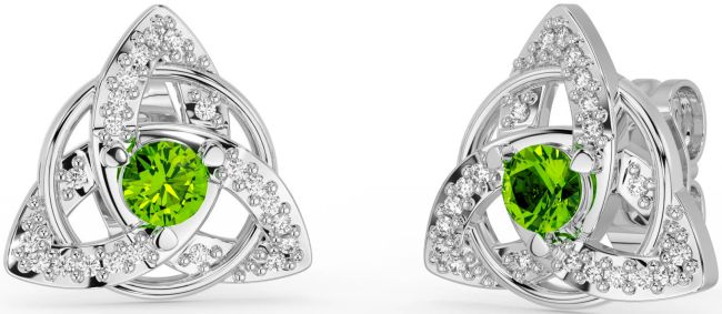 Diamond Peridot Silver Celtic Trinity Knot Stud Earrings