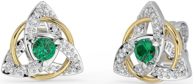 Diamant Emerald Biele Zlato Zlato keltský Trojica Uzol Stud Náušnice