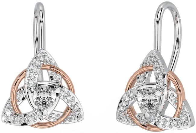 Diamond Rose Gold Silver Celtic Trinity Knot Stud Earrings