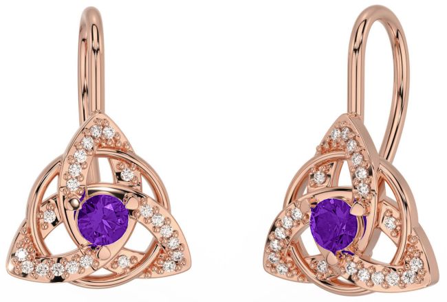 Diamond Amethyst Rose Gold Silver Celtic Trinity Knot Stud Earrings