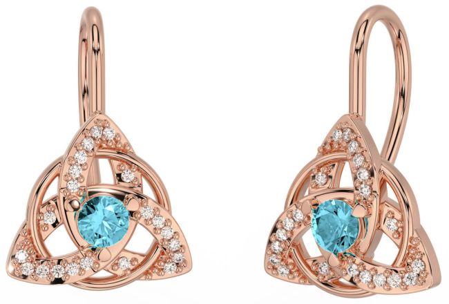 Diamond Aquamarine Rose Gold Silver Celtic Trinity Knot Stud Earrings