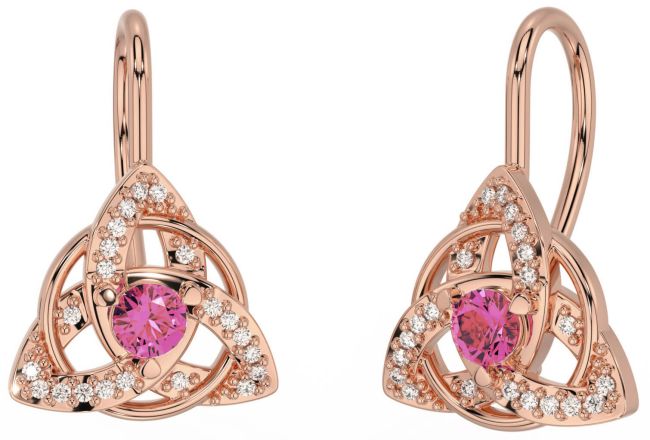 Diamond Pink Tourmaline Rose Gold Silver Celtic Trinity Knot Stud Earrings