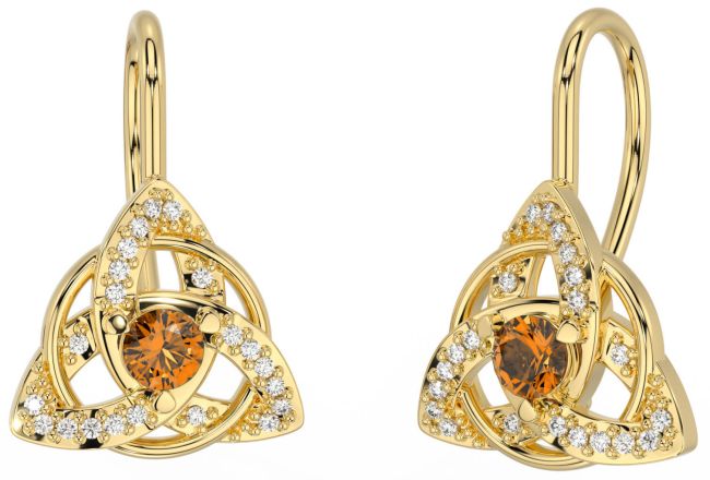 Diamond Citrine Gold Silver Celtic Trinity Knot Stud Earrings