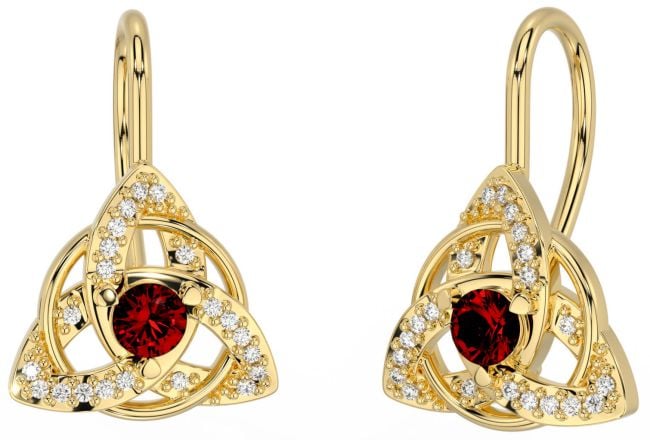 Diamond Garnet Gold Silver Celtic Trinity Knot Stud Earrings