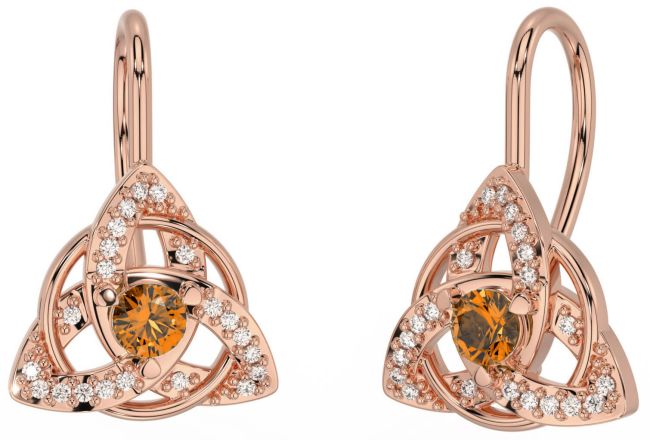Diamond Citrine Rose Gold Celtic Trinity Knot Stud Earrings
