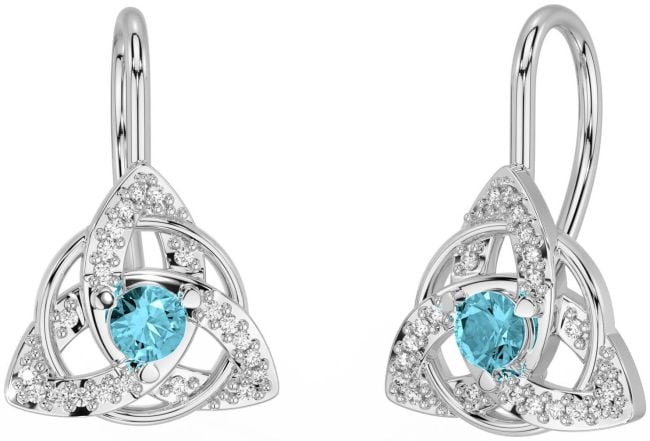 Diamond Aquamarine Silver Celtic Trinity Knot Stud Earrings