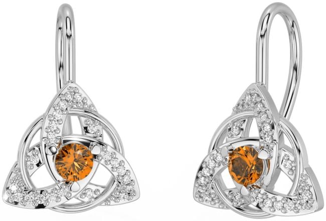 Diamond Citrine Silver Celtic Trinity Knot Stud Earrings