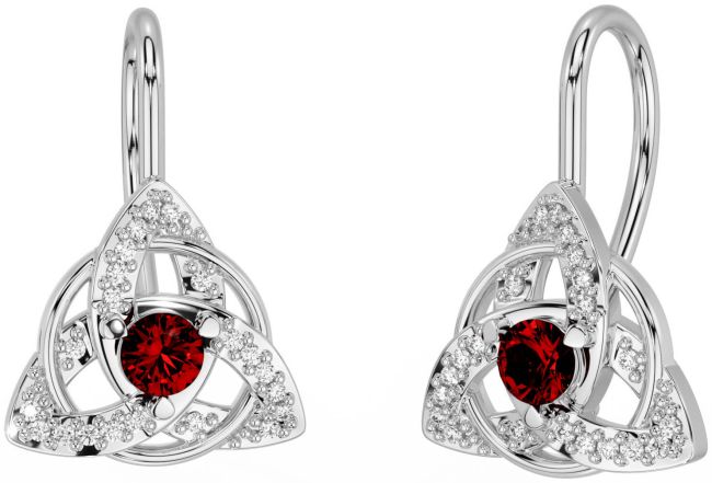 Diamond Garnet Silver Celtic Trinity Knot Stud Earrings