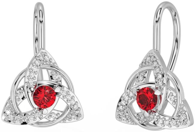 Diamond Ruby Silver Celtic Trinity Knot Stud Earrings