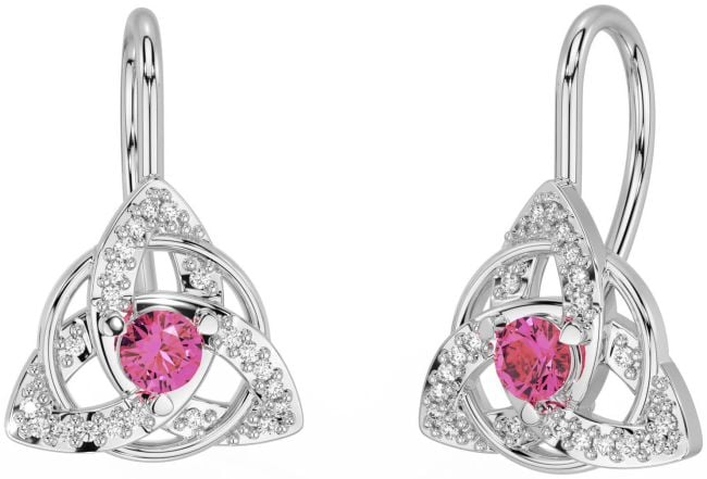 Diamond Pink Tourmaline White Gold Celtic Trinity Knot Stud Earrings