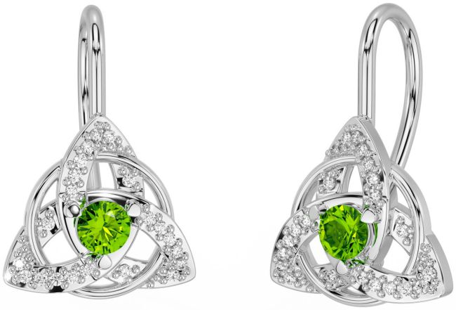 Diamond Peridot White Gold Celtic Trinity Knot Stud Earrings