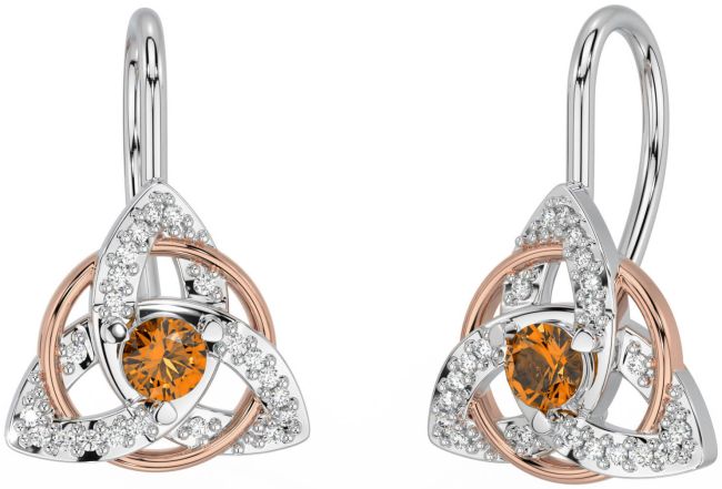 Diamond Citrine White Rose Gold Celtic Trinity Knot Stud Earrings