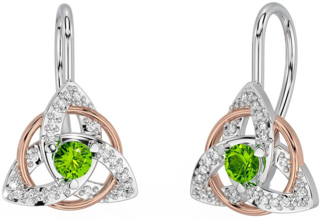 Diamond Peridot White Rose Gold Celtic Trinity Knot Stud Earrings