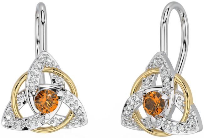 Diamond Citrine White Yellow Gold Celtic Trinity Knot Stud Earrings