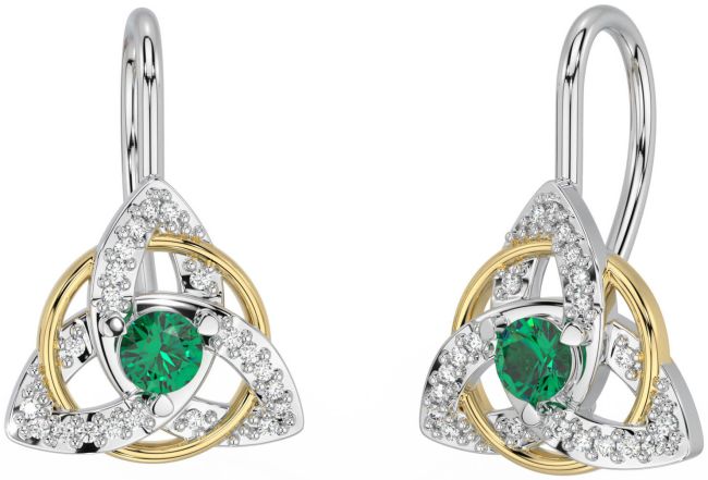 Diamond Emerald White Yellow Gold Celtic Trinity Knot Stud Earrings