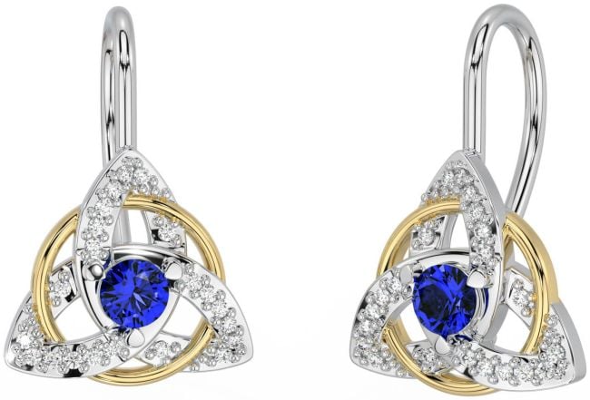 Diamond Sapphire White Yellow Gold Celtic Trinity Knot Stud Earrings