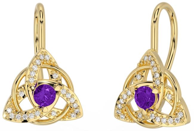 Diamond Amethyst Gold Celtic Trinity Knot Stud Earrings