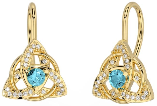 Diamond Aquamarine Gold Celtic Trinity Knot Stud Earrings