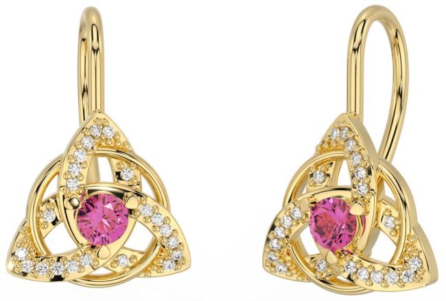 Diamond Pink Tourmaline Gold Celtic Trinity Knot Stud Earrings