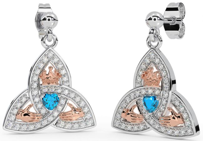 Diamond Topaz Rose Gold Silver Claddagh Trinity Knot Dangle Earrings