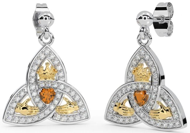 Diamond Citrine Gold Silver Claddagh Trinity Knot Dangle Earrings