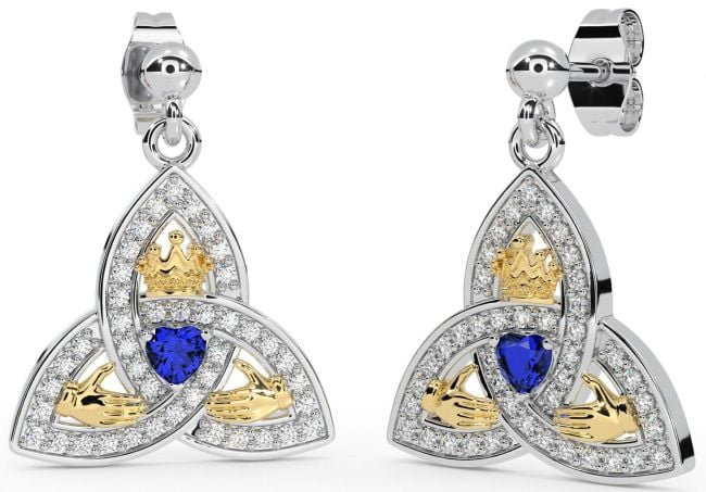 Diamond Sapphire Gold Silver Claddagh Trinity Knot Dangle Earrings