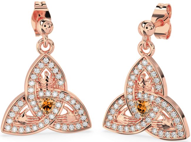 Diamond Citrine Rose Gold Silver Claddagh Trinity Knot Dangle Earrings