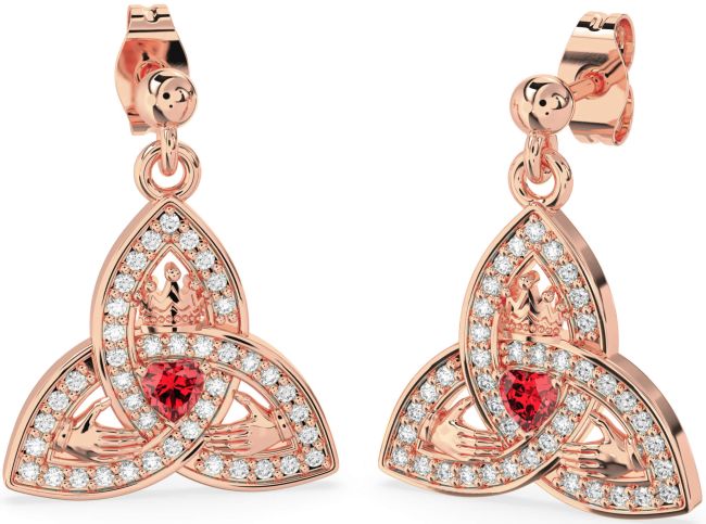 Diamond Ruby Rose Gold Silver Claddagh Trinity Knot Dangle Earrings