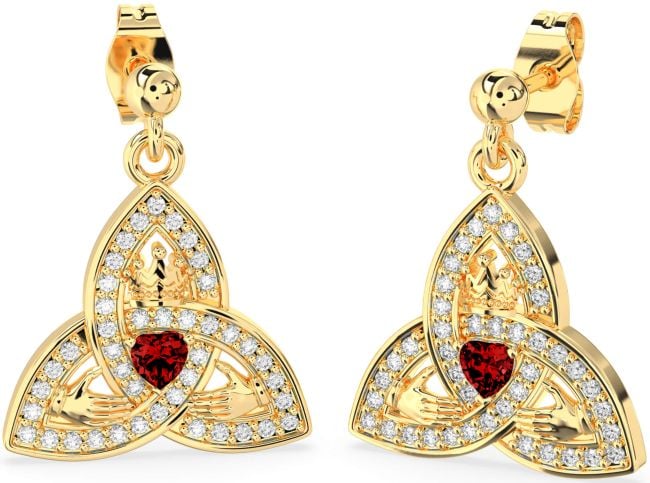 Diamond Garnet Gold Silver Claddagh Trinity Knot Dangle Earrings